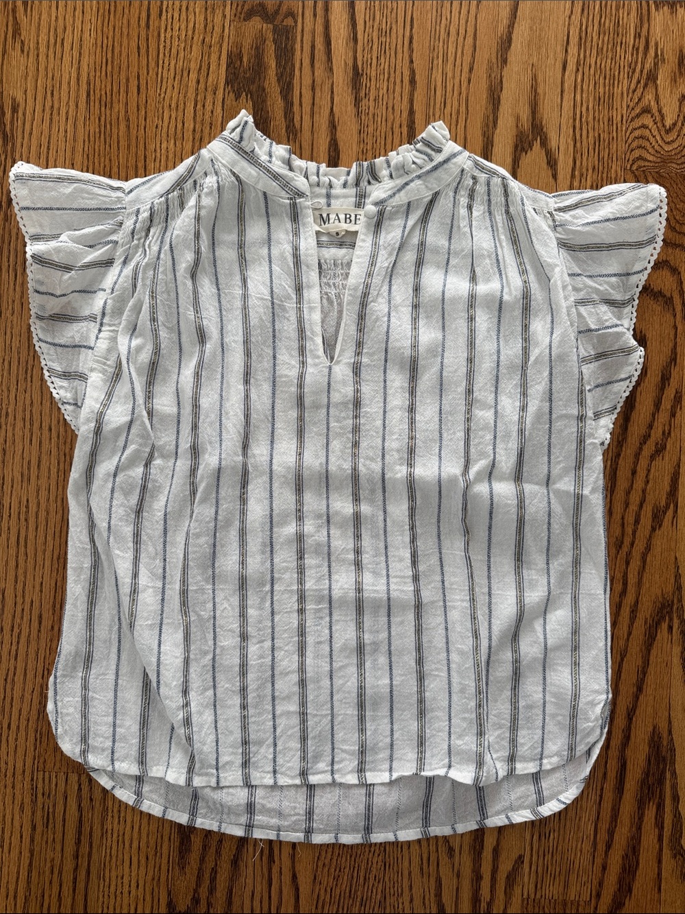 MABE Women's White and Navy Stripe Ruffle Sleeve Blouse